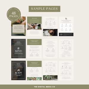 May include: A sample page from a 48-page digital guide titled "Holistic Wellness: Mind, Body & Emotional Wellbeing". The guide features a green and white color scheme with a minimalist design. The page includes sections on "Understanding Your Mind", "Listening to Your Body", and "Holistic Wellness".