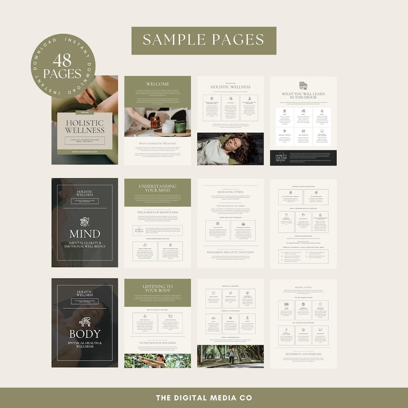 May include: A sample page from a 48-page digital guide titled "Holistic Wellness: Mind, Body & Emotional Wellbeing". The guide features a green and white color scheme with a minimalist design. The page includes sections on "Understanding Your Mind", "Listening to Your Body", and "Holistic Wellness".