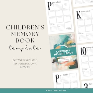 Puede incluir: Una plantilla imprimible para un libro de recuerdos de niños. La plantilla incluye páginas para cada nivel de grado desde preescolar hasta décimo grado. Las páginas están decoradas con diseños abstractos coloridos e incluyen secciones para cosas favoritas, recuerdos y autógrafos.