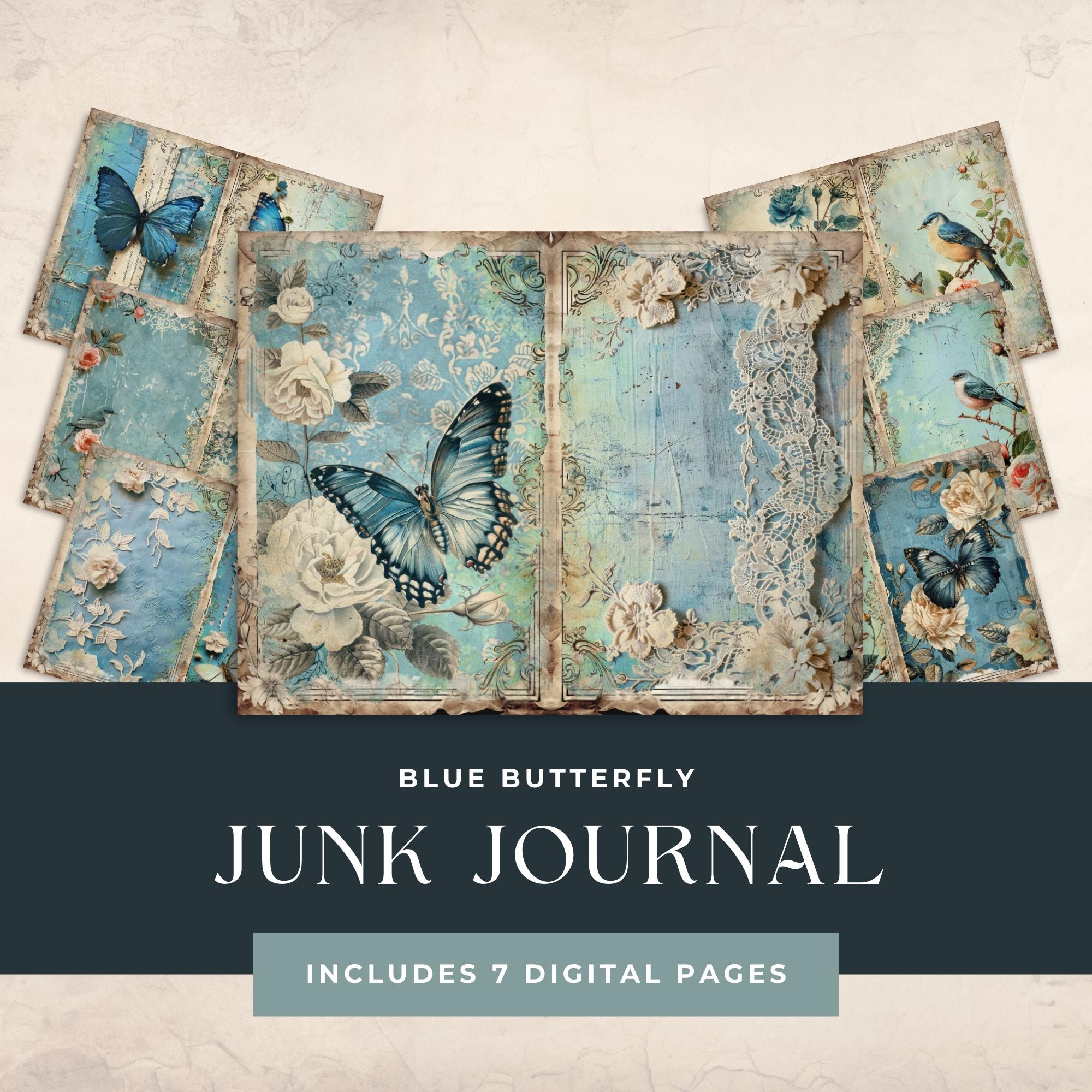 Blue Butterfly Junk Journal Kit, Journal Pages, Instant Download, Lace Junk Journal, Bird Craft Printable Papers, Pretty Vintage Ephemera