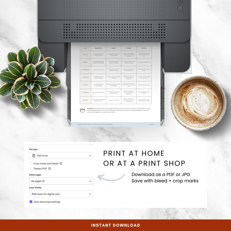 May include: A printer printing a meal plan with a cup of coffee and a plant nearby. The text on the image says "Print at home or at a print shop" and "Instant Download".