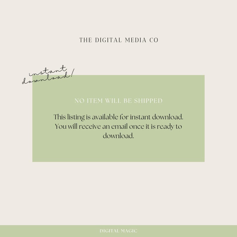 Puede incluir: Un rect&aacute;ngulo verde con texto blanco que dice "THE DIGITAL MEDIA CO" en la parte superior y "NO ITEM WILL BE SHIPPED" en la parte superior del rect&aacute;ngulo. El texto debajo dice "This listing is available for instant download. You will receive an email once it is ready to download." El texto "instant download!" est&aacute; escrito a mano en negro en la parte superior izquierda de la imagen.