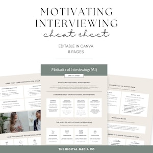 May include: A motivational interviewing cheat sheet with a green background and white text. The cheat sheet includes information on the four core communication skills, the four processes of motivational interviewing, and the spirit of motivational interviewing. The cheat sheet also includes information on change talk vs. sustain talk, readiness rules, and challenges in motivational interviewing and how to navigate them. The cheat sheet is editable in Canva and has 8 pages.