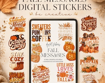 Fall Messages Stickers, Autumn Digital Planner Sticker Book, Cozy Autumn PNG Clipart, Pumpkin Cafe Fashion Seasonal Scrapbooking