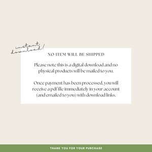 May include: A white text box with black text that reads "NO ITEM WILL BE SHIPPED". The text box contains information about digital downloads and how to access them. The text box is on a light beige background.