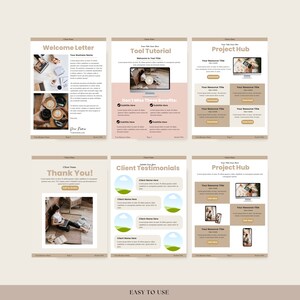 K&ouml;nnte beinhalten: Ein Satz von sechs digitalen Vorlagen f&uuml;r eine Unternehmenswebsite. Die Vorlagen sind im minimalistischen Stil mit einer neutralen Farbpalette aus Braun, Beige und Wei&szlig; gestaltet. Die Vorlagen zeigen Bilder von Kaffee, einem Laptop und einem Telefon. Der Text auf den Vorlagen lautet "Willkommensschreiben", "Tool-Tutorial", "Projekt-Hub", "Kundenreferenzen" und "Vielen Dank!"