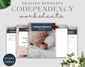 Codependency-werkbladen, canva-therapiewerkbladen, zelfbewustzijn en grenzen dagboek voor persoonlijke groei, afdrukbare therapeutsjabloon