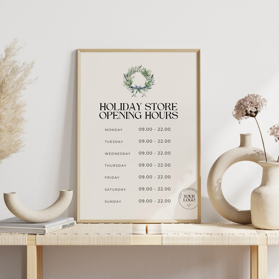 Christmas Store Hours Template, Holiday Operating Times Sign, Festive