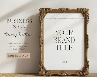 Puede incluir: Una plantilla de letrero de negocios imprimible en un marco dorado. La plantilla presenta el texto "Your Brand Title" y "Your Business Name". El letrero mide 8,5 x 11 pulgadas y se puede editar en Canva.