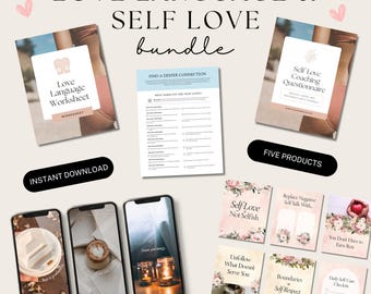 May include: A digital self-love bundle featuring a worksheet, questionnaire, and phone mockups. The bundle includes printable cards with floral designs and text like "Self Love Not Selfish" and "Boundaries Self Respect". The words "Love Language & Self Love bundle" are at the top.