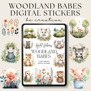 May include: A digital sticker set featuring 62 pre-cropped images of woodland animals, including a fox, owl, raccoon, snake, squirrel, wolf, bear, pig, and more. The stickers are ideal for adding a touch of whimsy to planners, journals, and other creative projects.