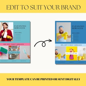 Pode incluir: Um folheto azul e rosa anunciando servi&ccedil;os de limpeza. O folheto apresenta uma foto de uma pessoa segurando um frasco de spray e um produto de limpeza. O texto no folheto diz "Servi&ccedil;os de limpeza" e "10% de desconto no primeiro servi&ccedil;o".