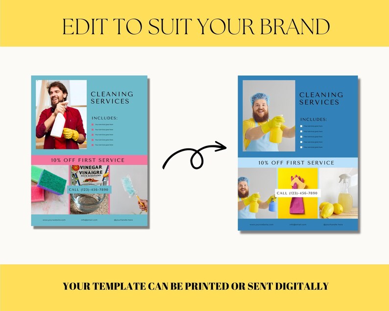 Pode incluir: Um folheto azul e rosa anunciando servi&ccedil;os de limpeza. O folheto apresenta uma foto de uma pessoa segurando um frasco de spray e um produto de limpeza. O texto no folheto diz "Servi&ccedil;os de limpeza" e "10% de desconto no primeiro servi&ccedil;o".