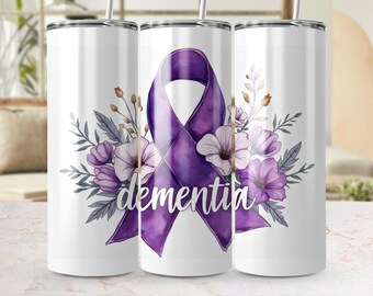 Dementia Awareness Digital Tumbler Wrap PNG, Purple Ribbon Design, Floral Tumbler Sublimation, Watercolor Tumbler Wrap, Gift Idea