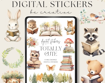 Totally Cute Digital Planner Stickers, Goodnotes Sticker Book, Woodland Creatures Planner Embellishments, PNG Animal Ipad Stickers, Reading