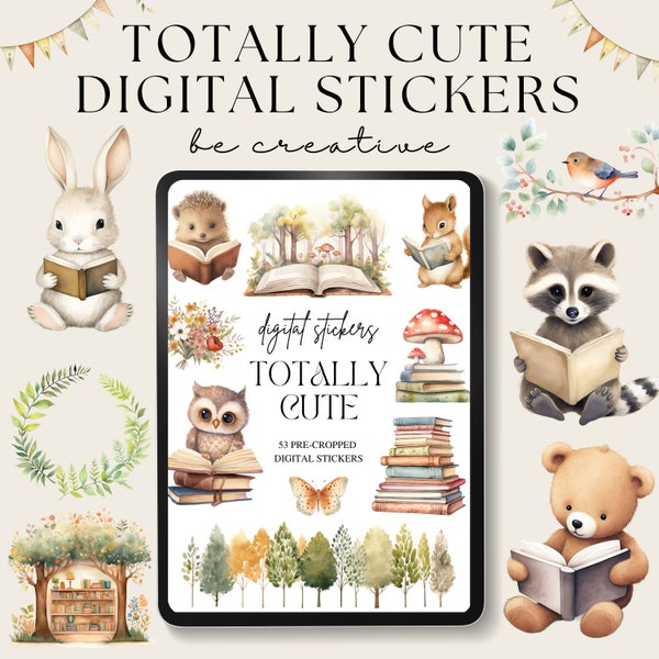 Totally Cute Digital Planner Stickers, Goodnotes Sticker Book, Woodland Creatures Planner Embellishments, PNG Animal Ipad Stickers, Reading