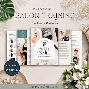 Op de afbeelding: Een printbare salon-trainingshandleiding getiteld Aspiring Stylist, met meerdere pagina's met tekst, foto's van haarstyling en diagrammen. Het document is bewerkbaar met Canva en bevat een donkerblauwe cirkelvormige badge met witte tekst.