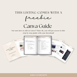 May include: A beige Canva Basics Guide with the text "Canva Guide" and "freebie". The guide is open to show the inside pages. The image also includes other guides with the text "Getting Started", "Editing Basics", and "Elements".