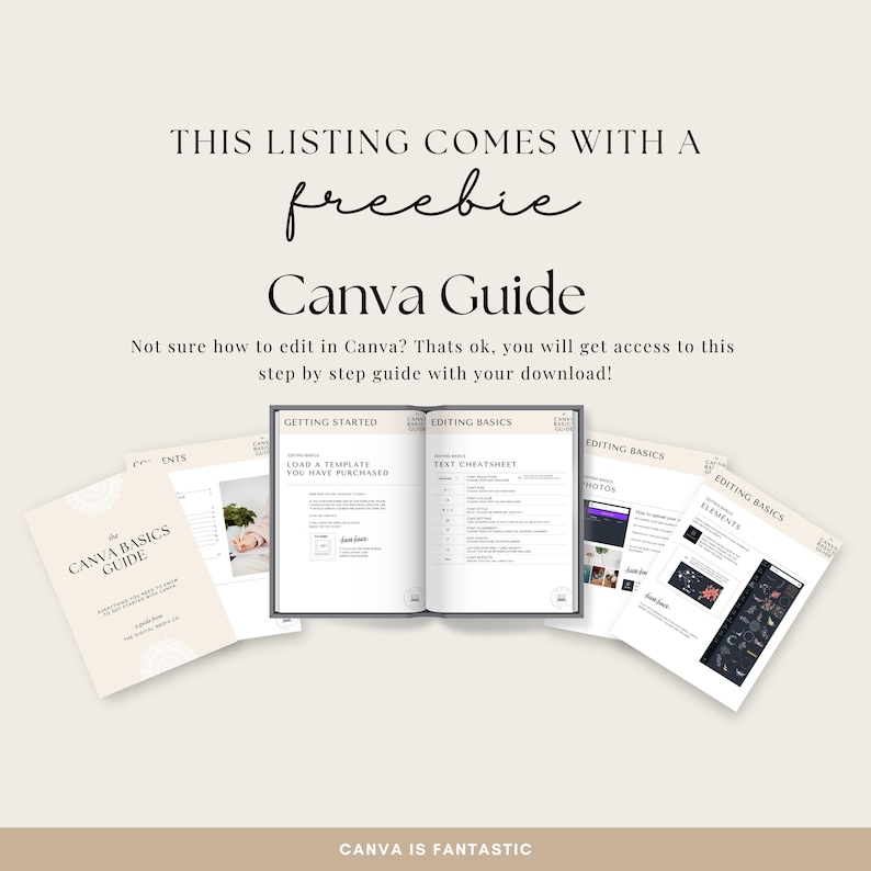 May include: A beige Canva Basics Guide with the text "Canva Guide" and "freebie". The guide is open to show the inside pages. The image also includes other guides with the text "Getting Started", "Editing Basics", and "Elements".