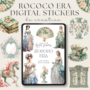 May include: A digital sticker set featuring 58 pre-cropped images in a Rococo style. The stickers include a variety of images, such as a woman in a dress, a fan, a vase, a teacup, a horse, a candle, and a cabinet. The stickers are perfect for adding a touch of elegance to your projects.