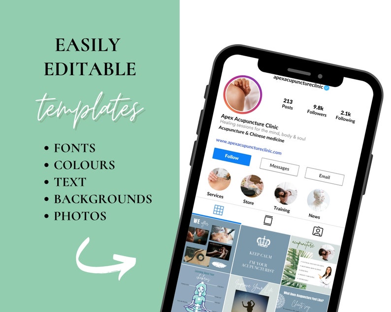 May include: A screenshot of an Instagram profile for Apex Acupuncture Clinic. The profile picture shows a close-up of a person's ankle receiving acupuncture. The profile has 213 posts, 9.8k followers, and 2.1k following. The bio reads "Healing sessions for the mind, body & soul. Acupuncture & Chinese medicine. www.apexacupunctureclinic.com". The profile has buttons for "Follow", "Messages", and "Email". Below the buttons are a grid of nine images, each showing a different aspect of the clinic's services. The images include a person receiving acupuncture, a store, a training session, and news.