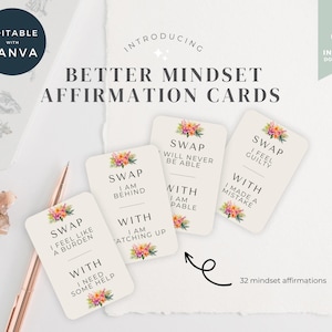 Plantillas de tarjetas de afirmación Canva, estación de afirmación, tarjetas de afirmación imprimibles, tarjetas de afirmación de autoestima con diseño floral editables