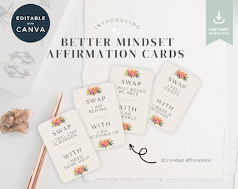Mall för affirmationskort i Canva, affirmationsstation, utskrivbara affirmationskort, redigerbara blommiga självkänsla-affirmationskort