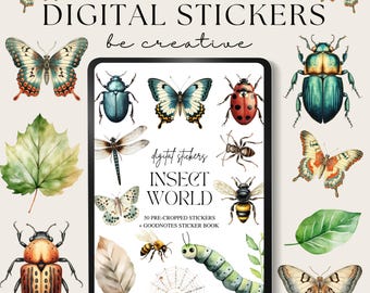Insect World Digital Stickers, Goodnotes Online Planner PNGs, Bug Stickers, Pre-Cropped Stickers, Butterfly Scrapbooking Embellishments