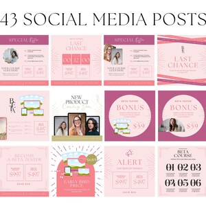 May include: A collage of nine pink and white social media posts promoting a course or product. The posts feature text such as "Last Chance", "New Product", "Become a Beta Tester", "Early Bird Price", and "Beta Course".