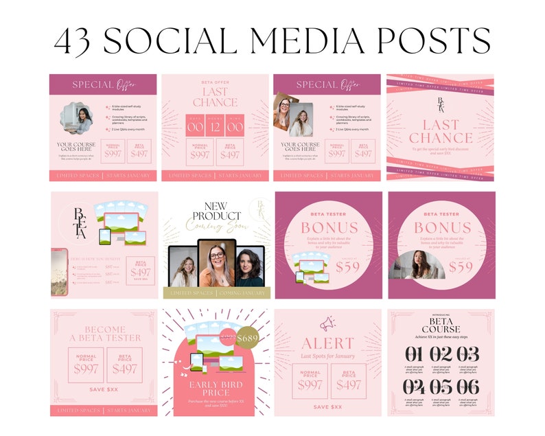May include: A collage of nine pink and white social media posts promoting a course or product. The posts feature text such as "Last Chance", "New Product", "Become a Beta Tester", "Early Bird Price", and "Beta Course".