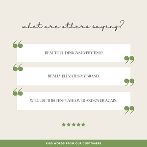 May include: A graphic with a light brown background and green text. The text reads "what are others saying?" and includes three customer testimonials in quotation marks. The testimonials read "Beautiful designs every time!" "Really elevates my brand." and "Will use this template over and over again." The graphic also includes five stars and the text "Kind words from our customers."