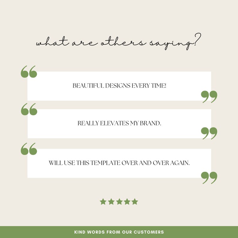 May include: A graphic with a light brown background and green text. The text reads "what are others saying?" and includes three customer testimonials in quotation marks. The testimonials read "Beautiful designs every time!" "Really elevates my brand." and "Will use this template over and over again." The graphic also includes five stars and the text "Kind words from our customers."