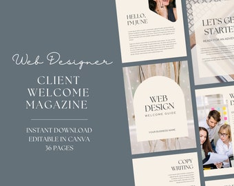 Puede incluir: Una plantilla de revista digital titulada "Web Designer Client Welcome Magazine". El diseño presenta una paleta de colores suaves con texto como "Hello, I'm June", "Web Design Welcome Guide" y "Instant Download Editable in Canva 36 Pages."