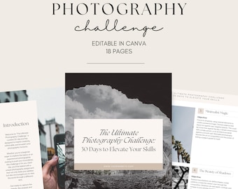 30 Day Photography Challenge Printable | One Month Photo Challenge PDF | Daily Photography Prompts for Beginners & Pros | Canva Template