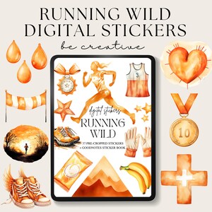 May include: A collection of orange digital stickers with a running theme. Includes a runner silhouette, medals, stars, shoes, and the text "RUNNING WILD DIGITAL STICKERS". The stickers are designed for use in a GoodNotes sticker book.