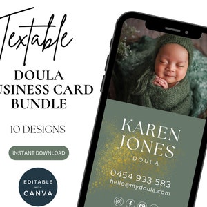 Tarjeta de presentación digital de doula para teléfono, plantilla de teléfono para entrenador de parto, marketing para la industria de parteras, tarjeta de presentación para teléfono editable