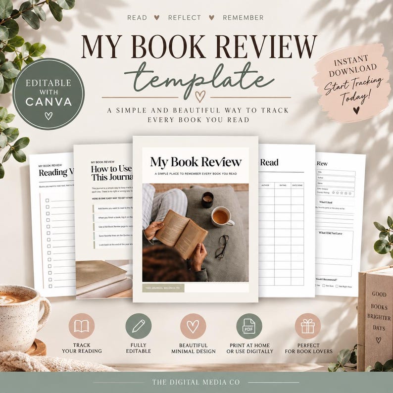 Editable Book Review Journal Canva Template, Printable Reading Log ...