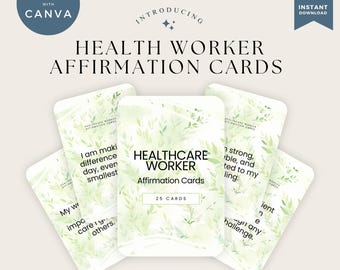 Healthcare Worker Affirmation Cards, Mental Health Template Canva, Printable Inspiration Deck, Editable Greenery Cards for Nurses, Therapist