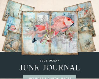 Blue Ocean Junk Journal Kit Mixed Media, Sea Scrapbook Resource, Beach Digital Download, Paper Crafts, Vintage Junk Journal Printable