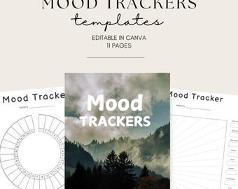 Op de afbeelding: Digitale mood tracker sjablonen. De afbeelding toont de tekst "MOOD TRACKERS templates" en "EDITABLE IN CANVA 11 PAGES". De sjablonen bevatten een cirkeldiagram en een verticale lijst. De achtergrond is een berglandschap.