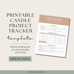 Könnte beinhalten: Druckbare Kerzenprojekt-Tracker-Vorlage mit zwei Seiten. Die Vorlage enthält Abschnitte für Projektdetails, Zutaten und Materialien, Design und Duftnotizen. Die Vorlage ist 8,5 x 11 Zoll groß und kann in Canva bearbeitet werden.