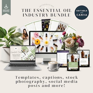 Może przedstawiać: Pakiet marketingu cyfrowego dla firm zajmujących się olejkami eterycznymi. Pakiet zawiera 35 szablonów na Instagram, podpisy, zdjęcia stockowe, posty w mediach społecznościowych i wiele więcej. Pakiet jest edytowalny w Canva.