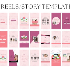 May include: A collection of 43 pink and white Instagram story templates for promoting a beta product launch. The templates feature text such as "Pre-sell", "Become a Beta Tester", "Last Chance", "Early Bird Price", and "Alert".