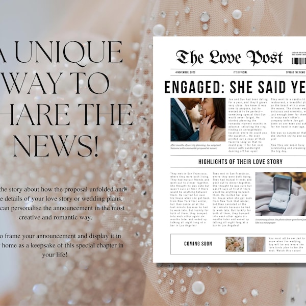 Canva Newspaper Template, Editable Newspaper, Editable Engagement Announcement, Unique Wedding Decor, Personalized Canva Photo Template