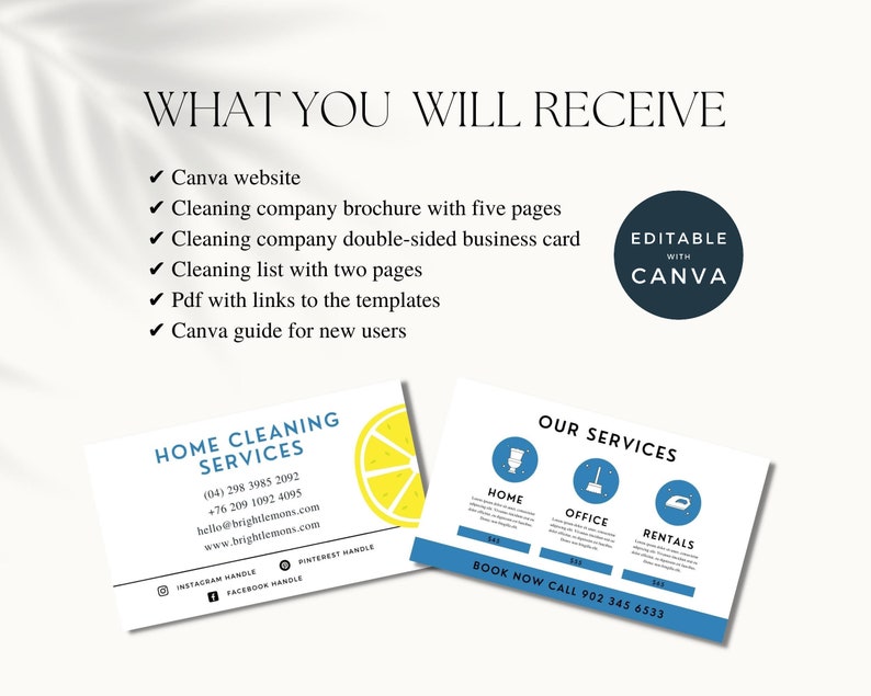 Pode incluir: Um modelo de cart&atilde;o de visita imprim&iacute;vel azul e branco para um servi&ccedil;o de limpeza dom&eacute;stica. O cart&atilde;o apresenta um &iacute;cone de lim&atilde;o e o texto "Home Cleaning Services". O cart&atilde;o tamb&eacute;m inclui informa&ccedil;&otilde;es de contato, al&ccedil;as de m&iacute;dia social e o texto "Our Services" com &iacute;cones para casa, escrit&oacute;rio e alugu&eacute;is.