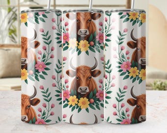 Floral Kuh Digital Tumbler Wrap, süßes Tier PNG, Bauernhaus Tumbler Design, Frühlingsblumen Tumbler Wrap, Sublimation Design