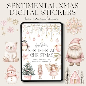 Digitala planerklistermärken med sentimentala julmotiv, digital klistermärkesbok, säsongsklistermärken, festligt rosa klistermärke, Goodnotes-planerare, hygienisk vibe