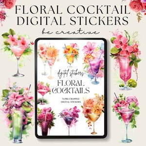 Floral Cocktail Digital Planner Stickers, Digital Sticker Book, Goodnotes Stickers, Alcohol Drinks Stickers, Goodnote Planner, Bar and Party
