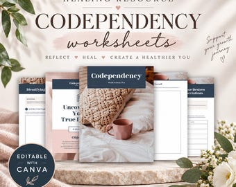Werkbladen voor codependentie, therapiewerkbladen voor Canva, dagboek voor zelfbewustzijn en grenzen voor persoonlijke groei, printbaar sjabloon voor therapeuten