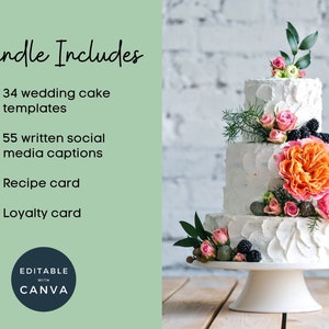 Paquete para hacer pasteles de boda, marketing en redes sociales para panaderos, receta para hacer pasteles, tarjeta de fidelidad para panaderos, paquete de plantillas Canva